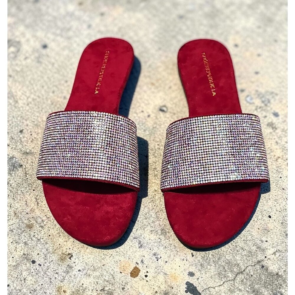 Womens Wine Rhinestone Flat Slide Sandals